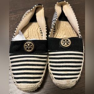 Tory Burch black and tan striped slip on shoes